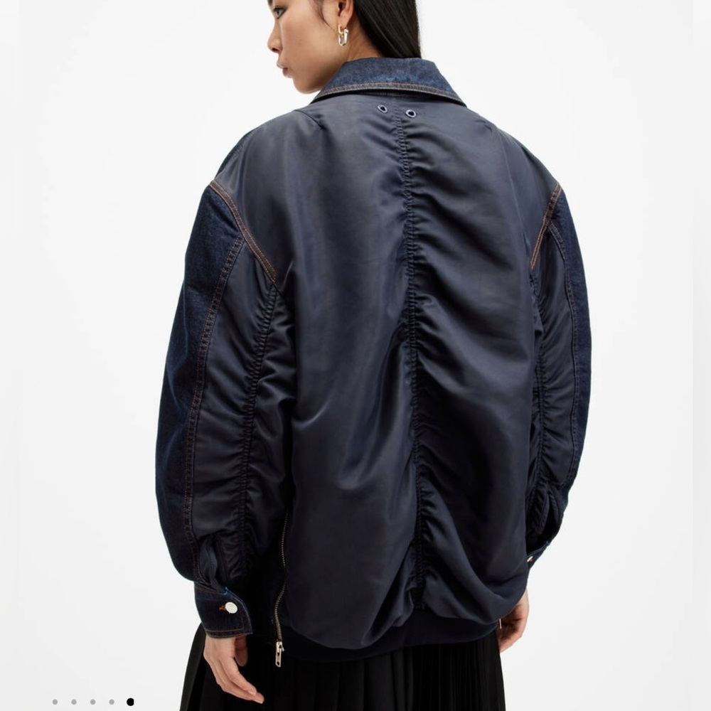 All Saints denim and nylon trucker jacket rinse denim with ruched nylon back NWT - Picture 3 of 13